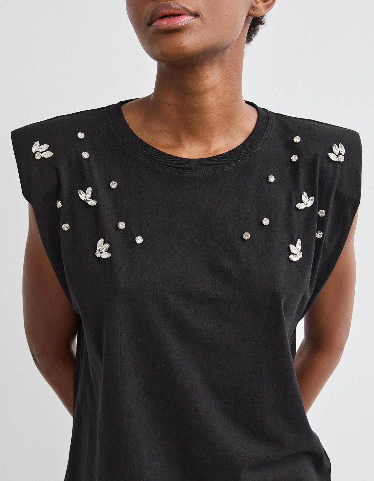 Womens Cotton Shoulder Pad Rhinestone Sleeveless Top