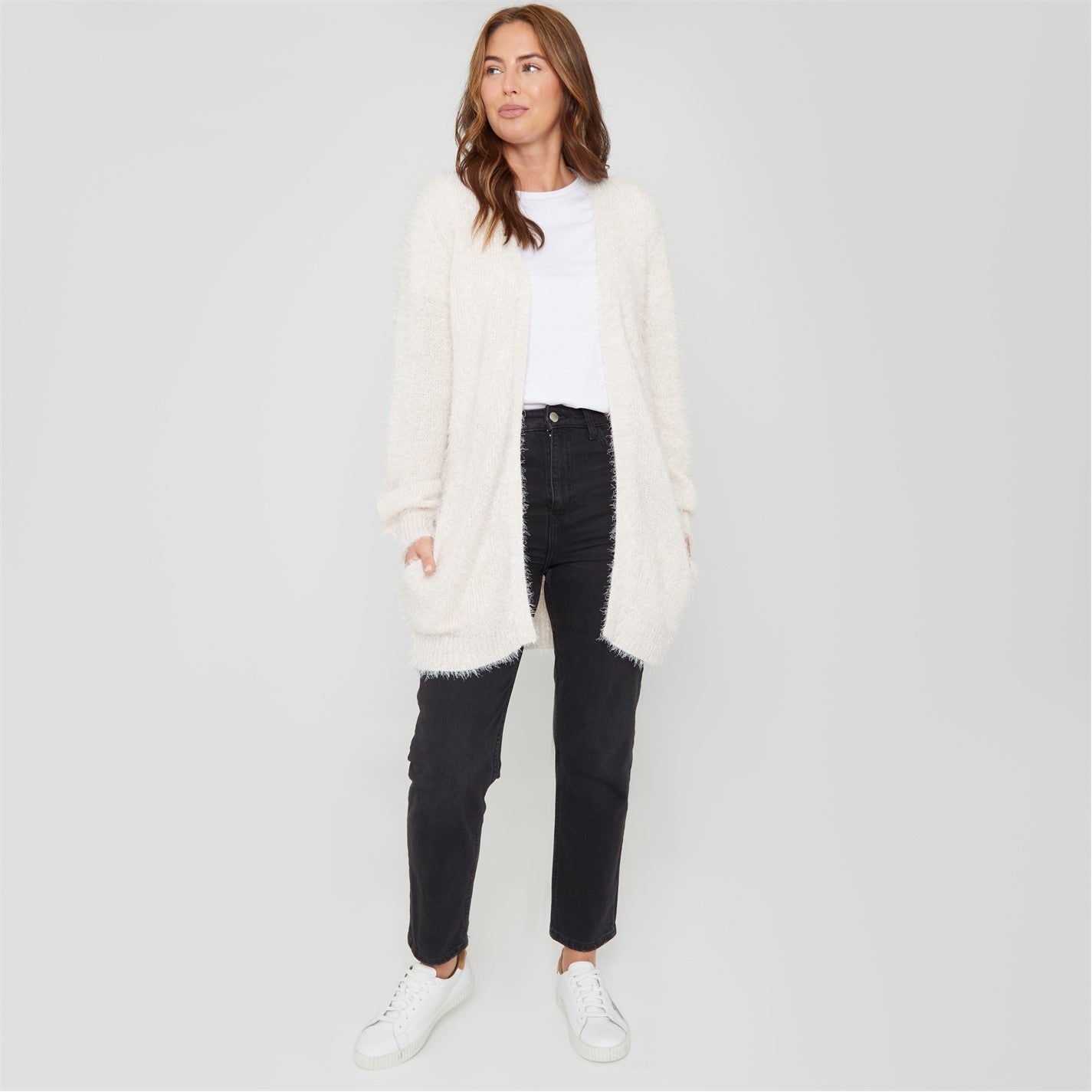 Womens Long Sleeve Round Neck Fluffy Cardigan