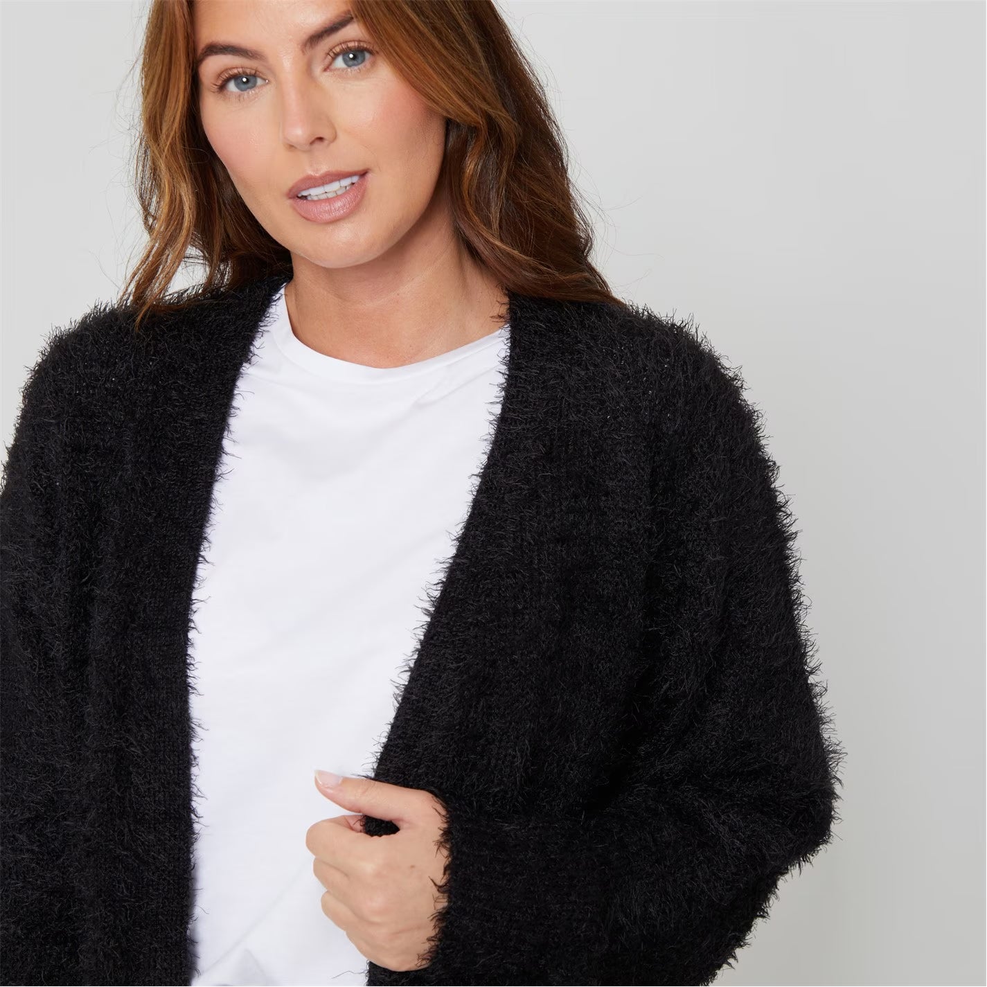 Womens Long Sleeve Round Neck Fluffy Cardigan