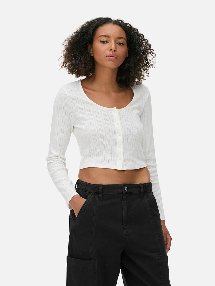 Ladies Full Sleeve Pointelle Cropped Cardigan Top