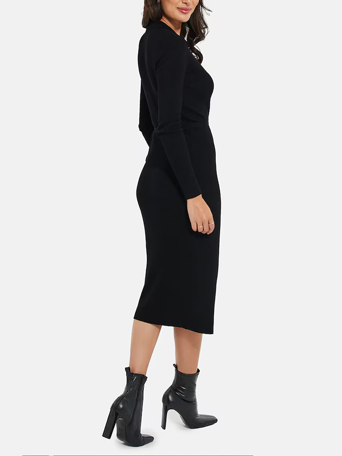 Womens Long Sleeve Ribbed Knit Wrap Collared Midi Belted Bodycon