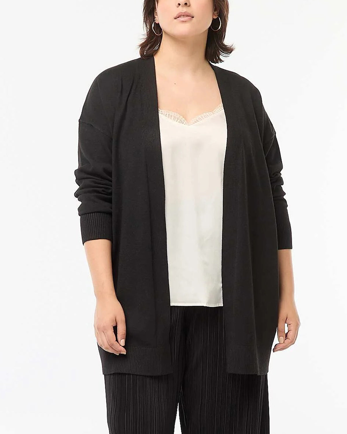 Womens Long Open Front Knit Ribbed Trim Cardigan