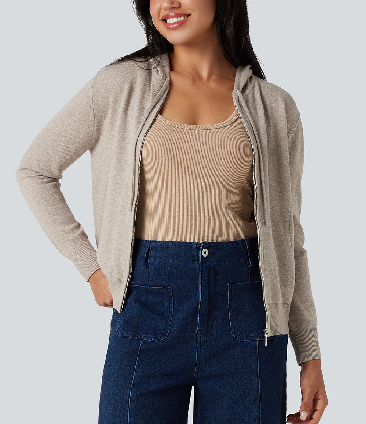 Womens Soft Knit Zip-Up Full Sleeve Sweater Hoodie with Pockets