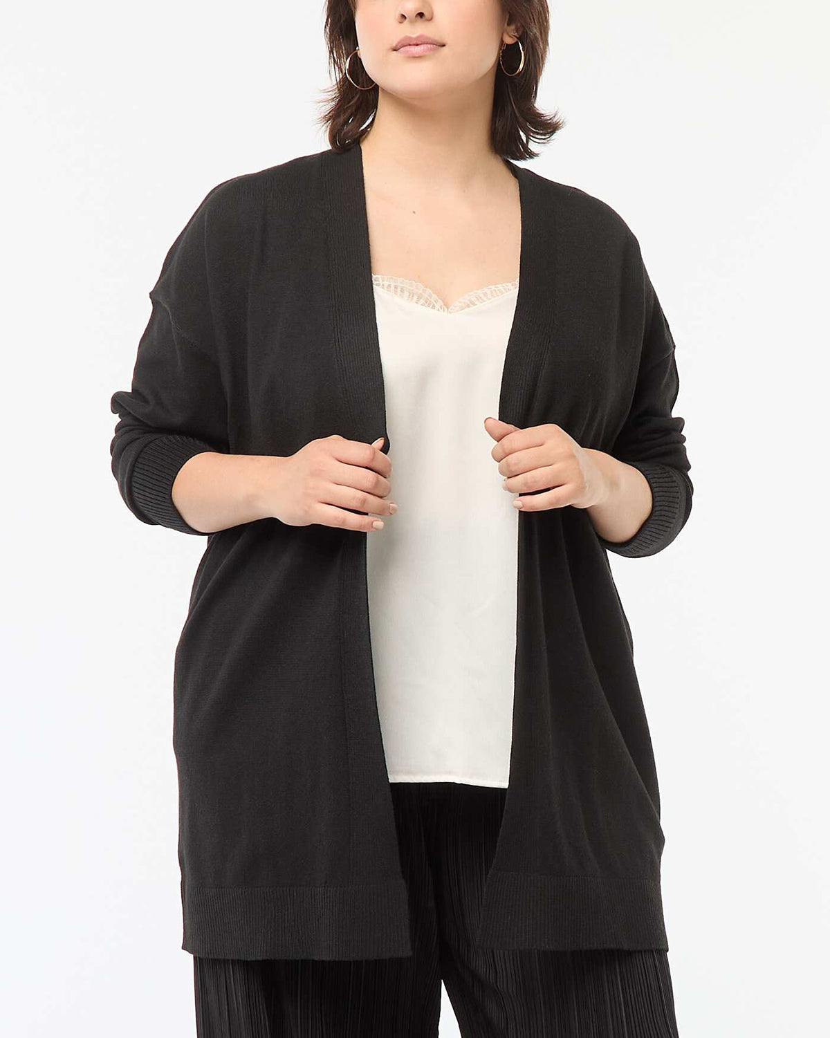 Womens Long Open Front Knit Ribbed Trim Cardigan