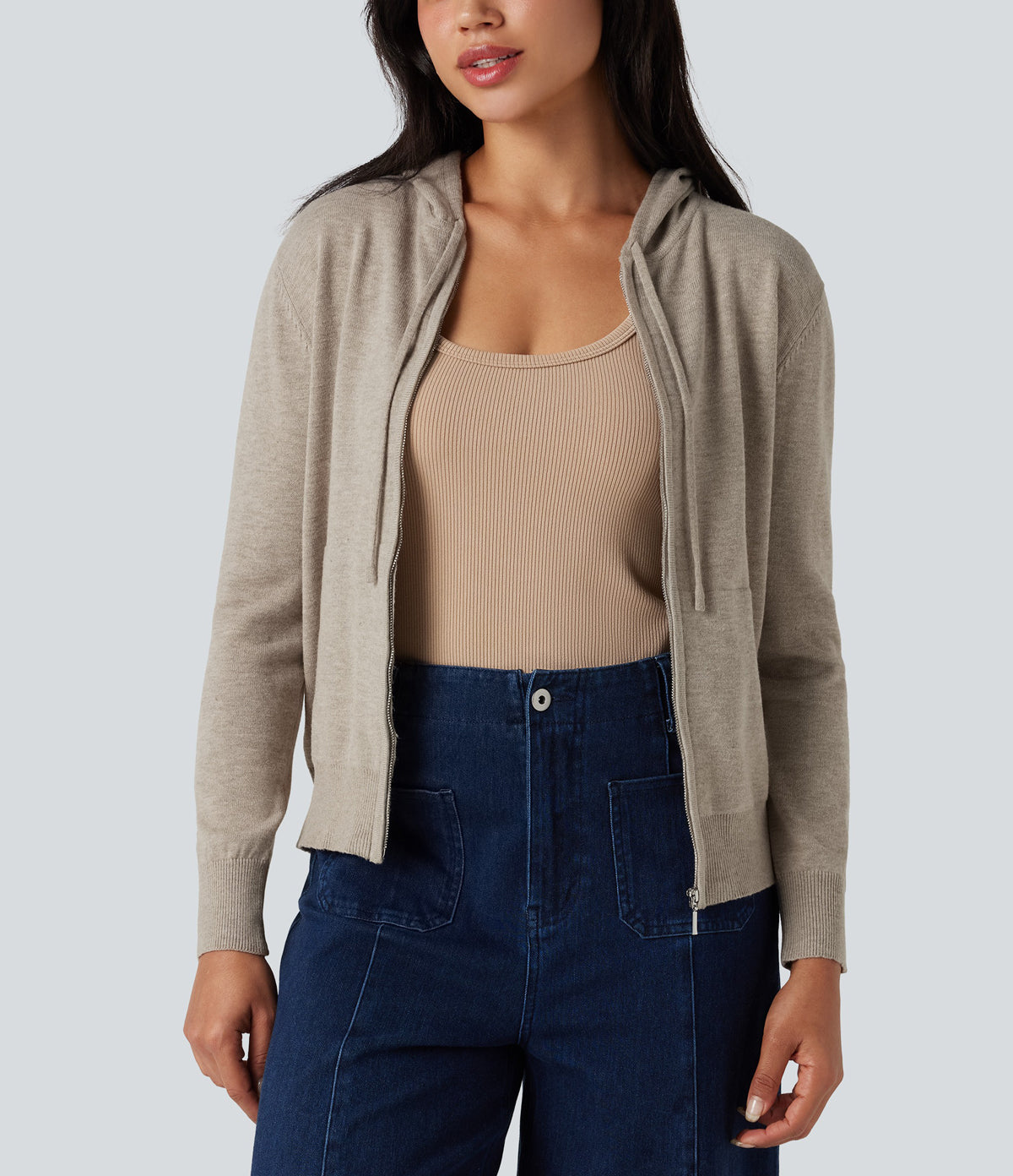 Womens Soft Knit Zip-Up Full Sleeve Sweater Hoodie with Pockets