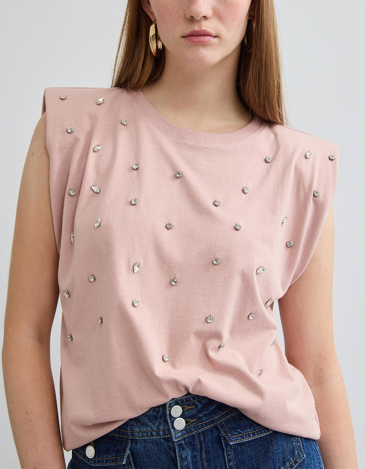 Womens Cotton Shoulder Pad Rhinestone Sleeveless Top