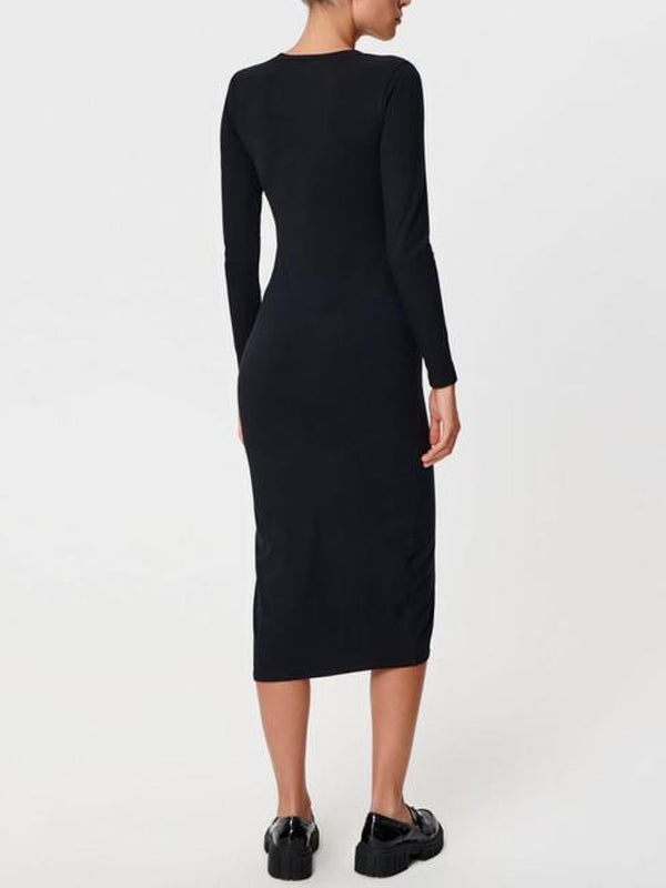 Women's Long Sleeve Slim Fit Midi Dress – Side Slit, Cotton Stretch, Round Neck