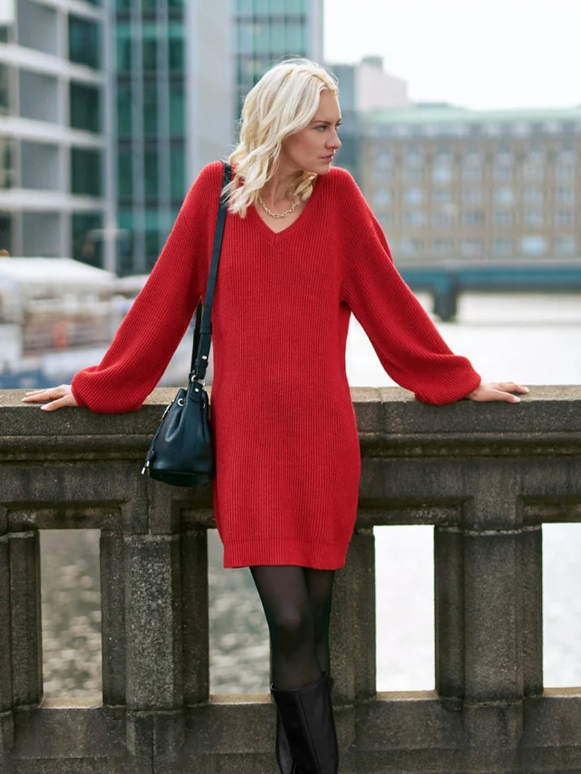 Womens Textured V-Neck Semi Long Sweater