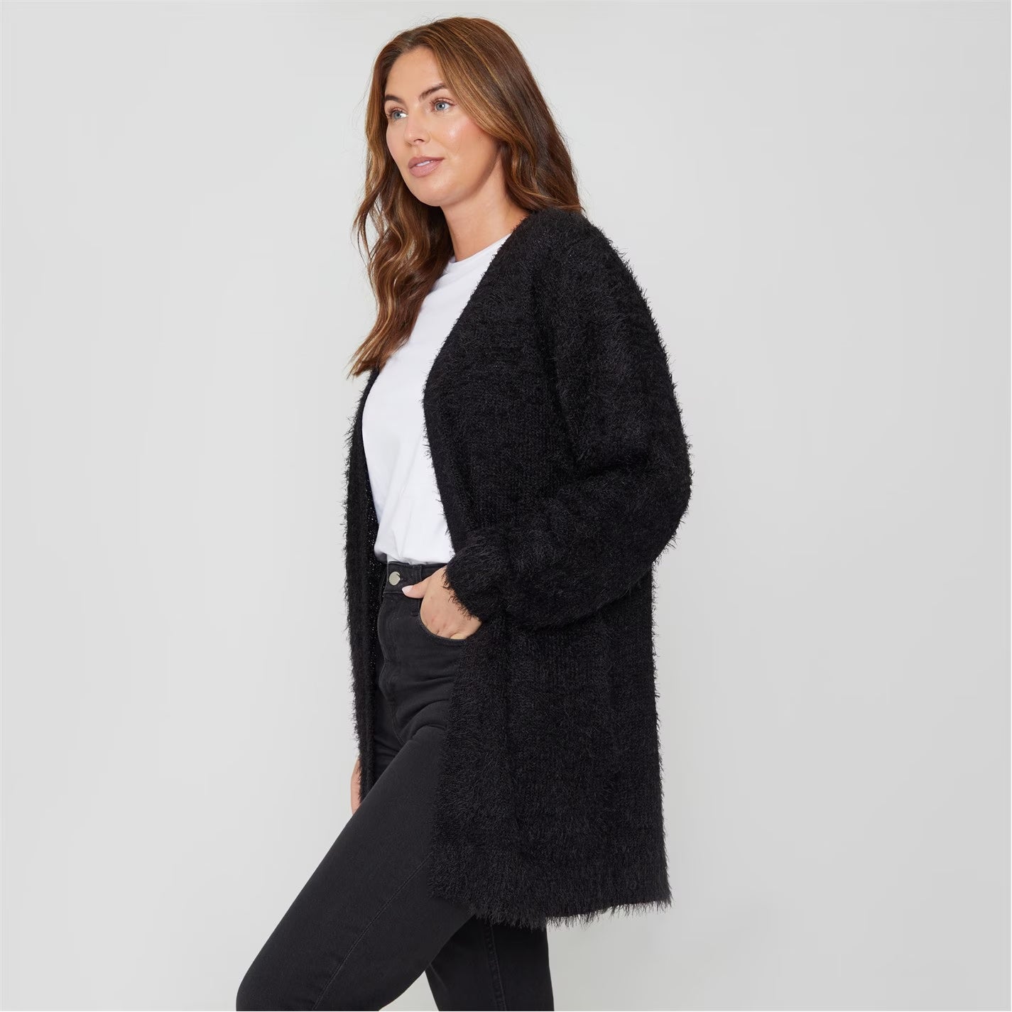 Womens Long Sleeve Round Neck Fluffy Cardigan