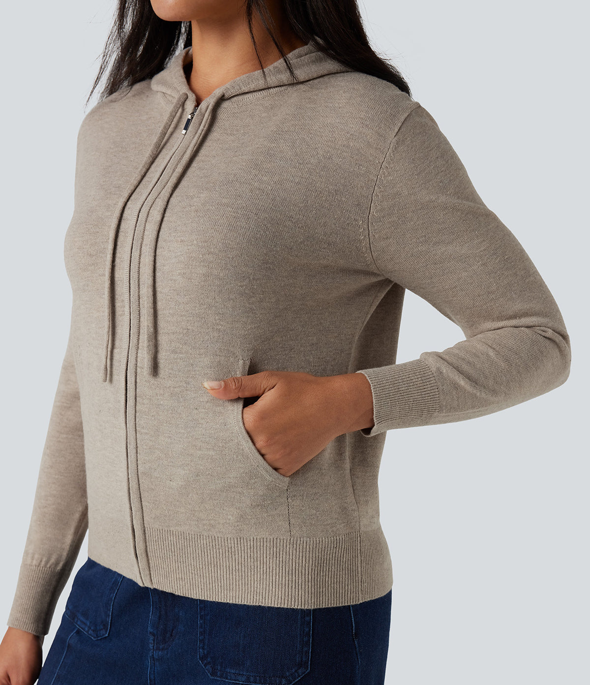 Womens Soft Knit Zip-Up Full Sleeve Sweater Hoodie with Pockets