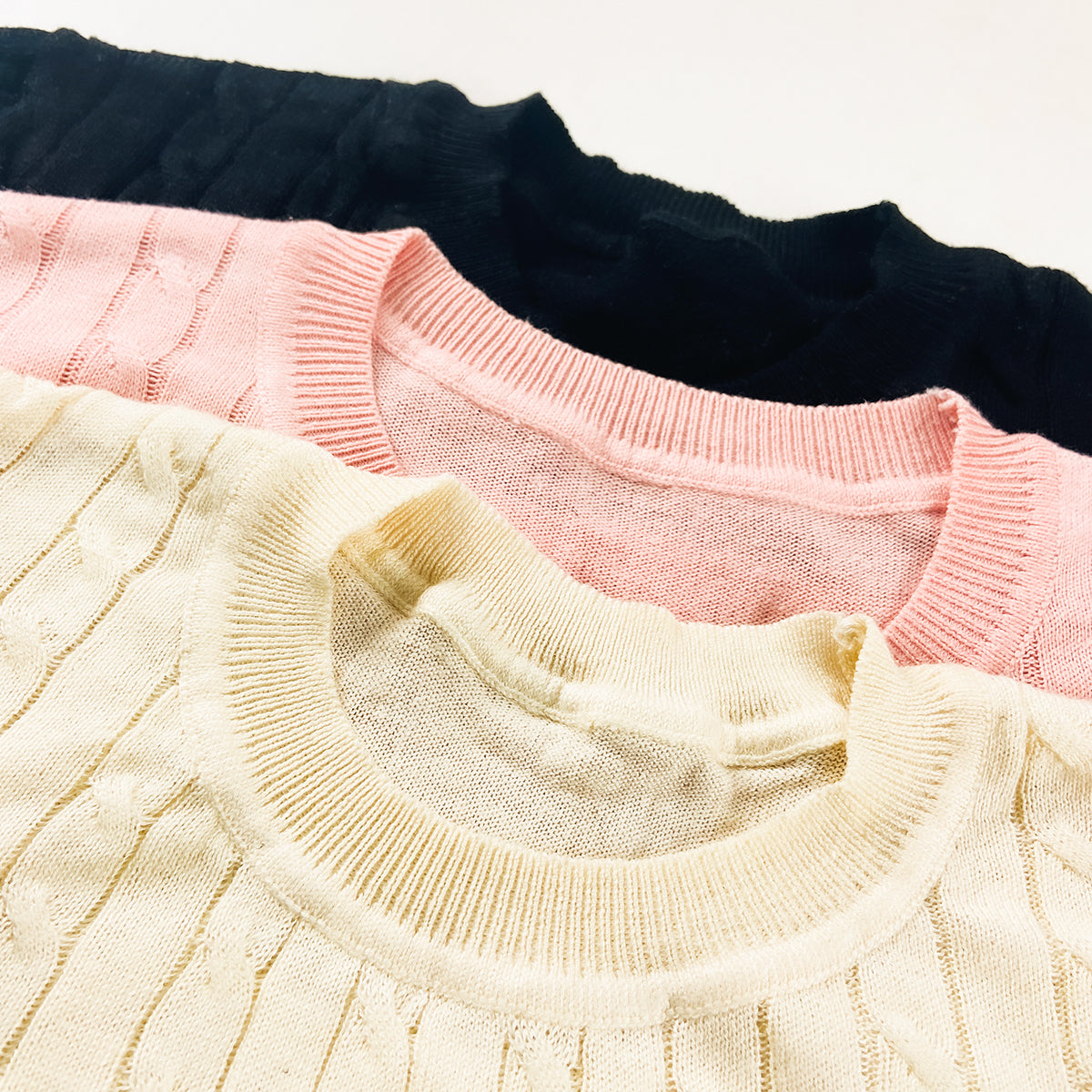 Womens Round Neck Premium Cable Knit Short Sleeve Sweater