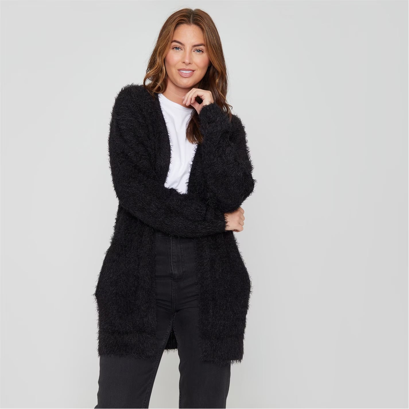 Womens Long Sleeve Round Neck Fluffy Cardigan