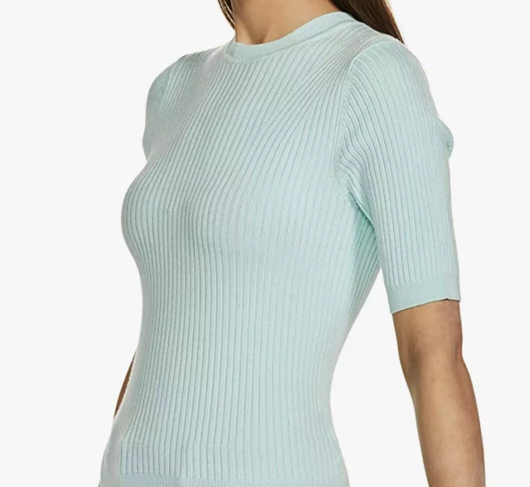 Ladies Short Sleeve Ribbed Crew Neck Knitted Sweater