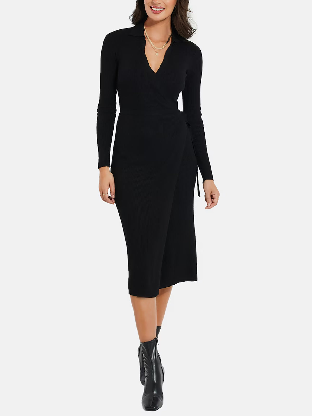 Womens Long Sleeve Ribbed Knit Wrap Collared Midi Belted Bodycon