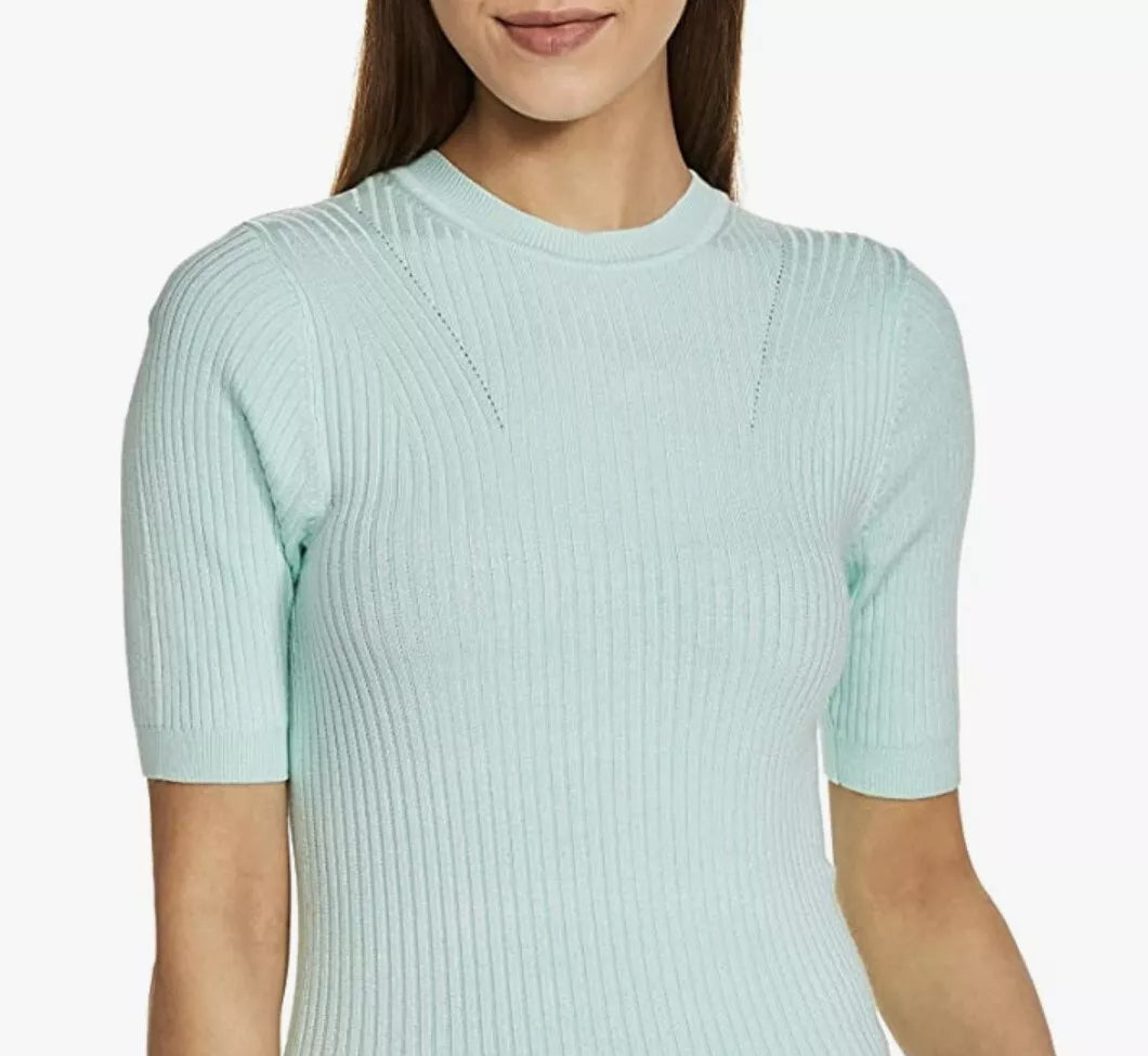 Ladies Short Sleeve Ribbed Crew Neck Knitted Sweater