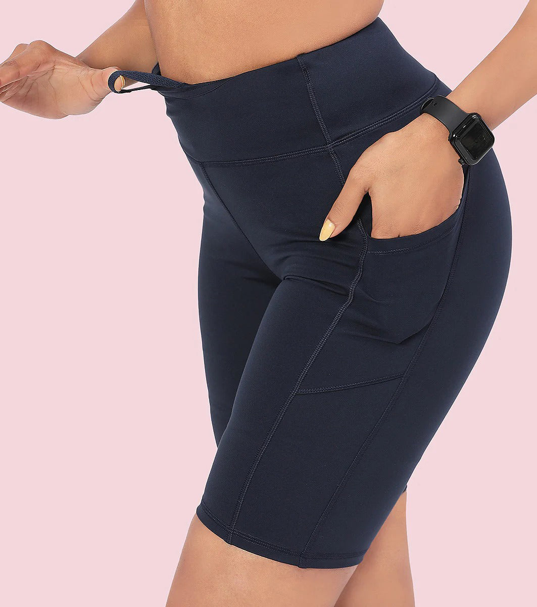 Womens High-Waist Knee-Length Cycling Shorts with Side Pockets