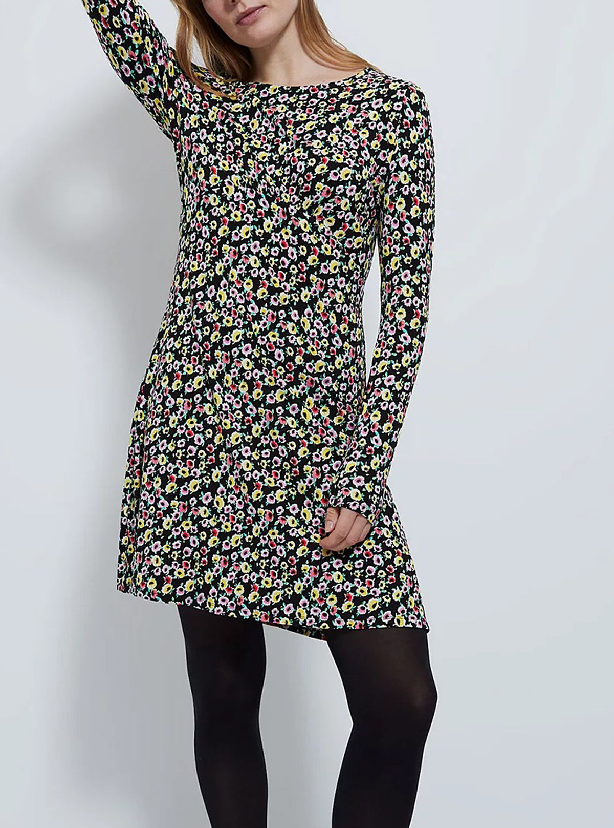 Womens Long Sleeve Crew Neck Printed Mini Dress