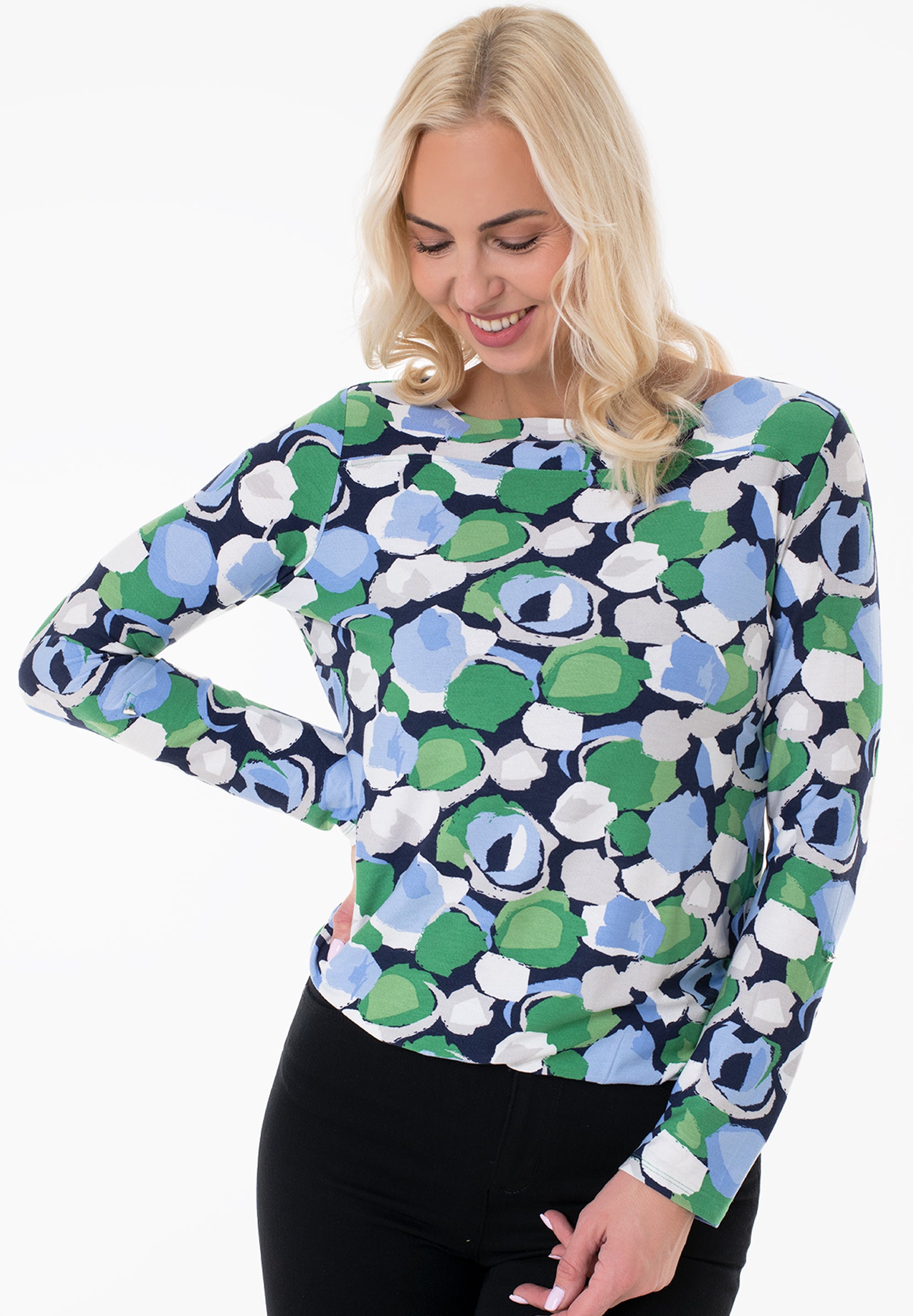 Womens Boat Neck Long Sleeve Printed Top