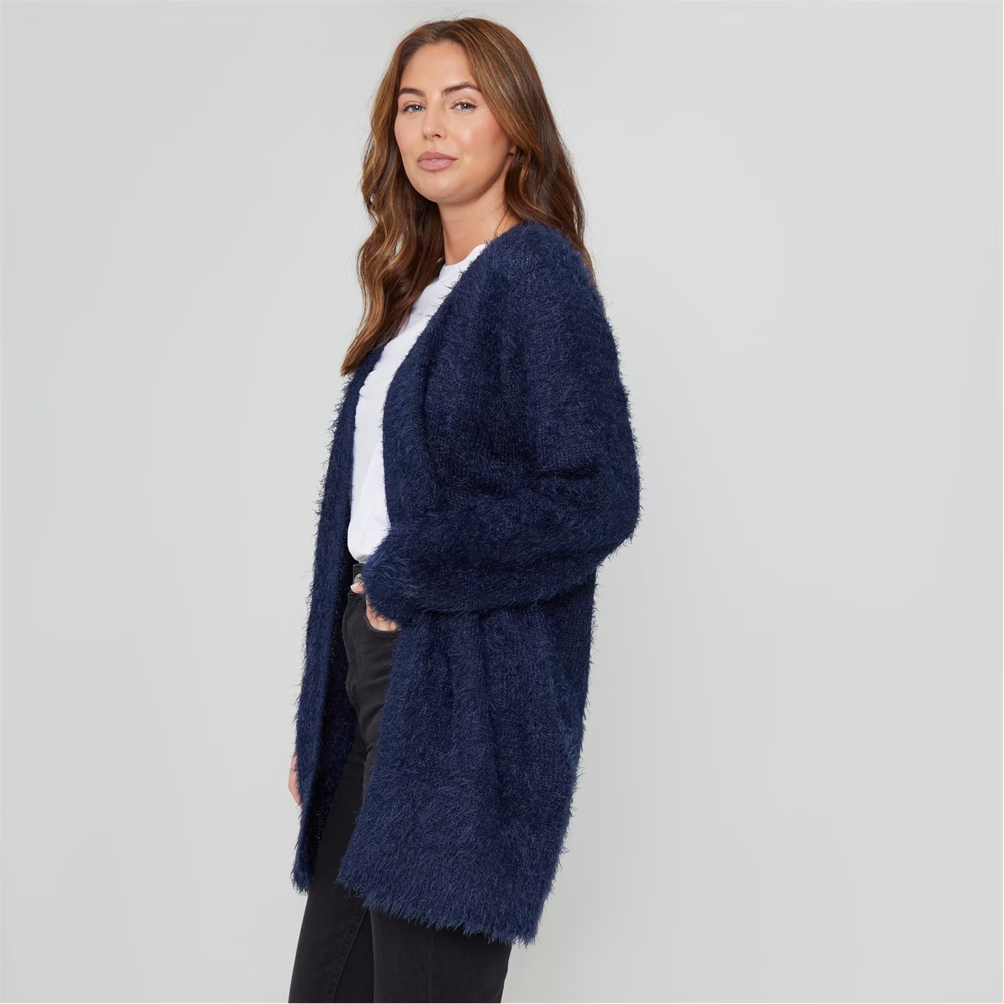 Womens Long Sleeve Round Neck Fluffy Cardigan