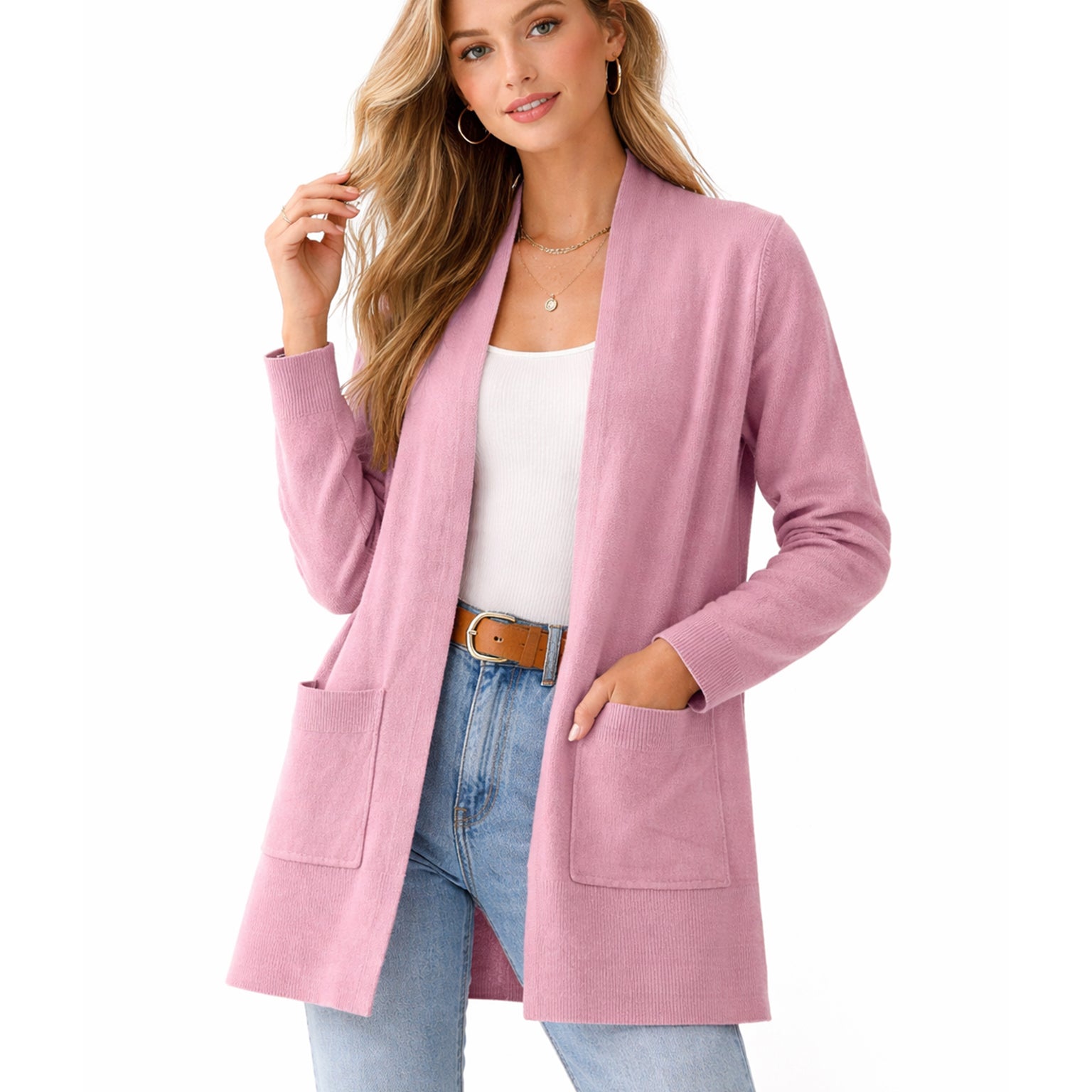 Womens Soft Knit Open-Front Long Cardigan with Pockets