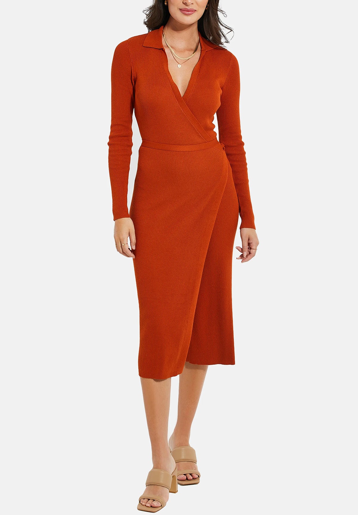 Womens Long Sleeve Ribbed Knit Wrap Collared Midi Belted Bodycon