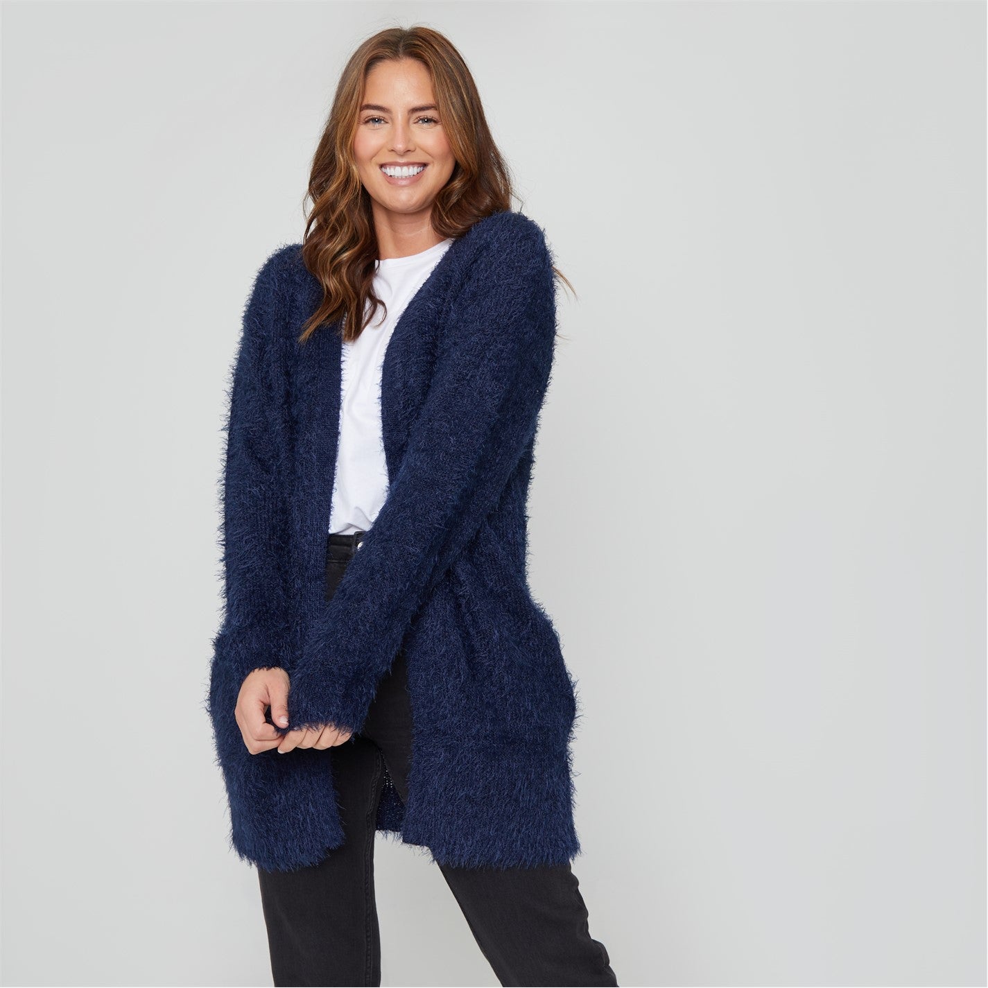 Womens Long Sleeve Round Neck Fluffy Cardigan