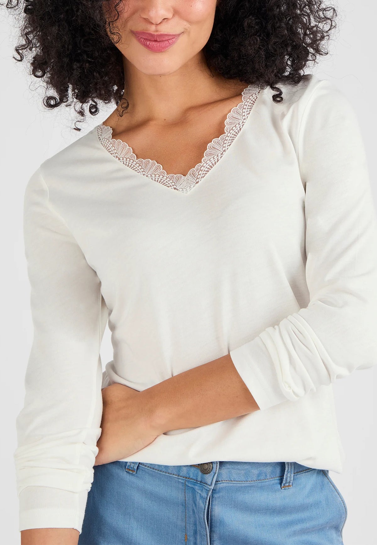 Women’s Thermal Long Sleeve Lace Trim V-Neck T-Shirt