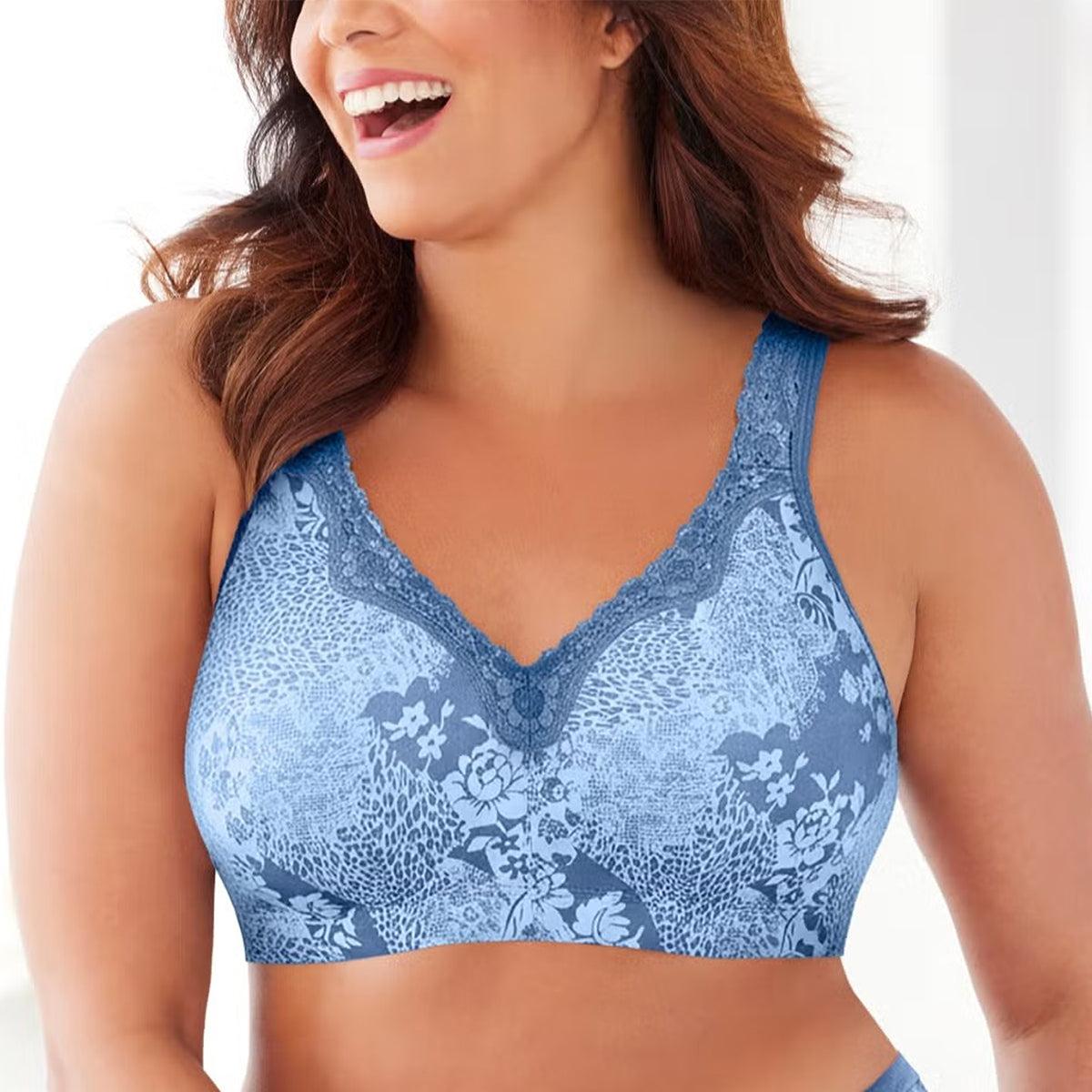 Womens Plus Size Printed & Solid Wireless Cotton Back Close Adjustable Straps Lace Bra