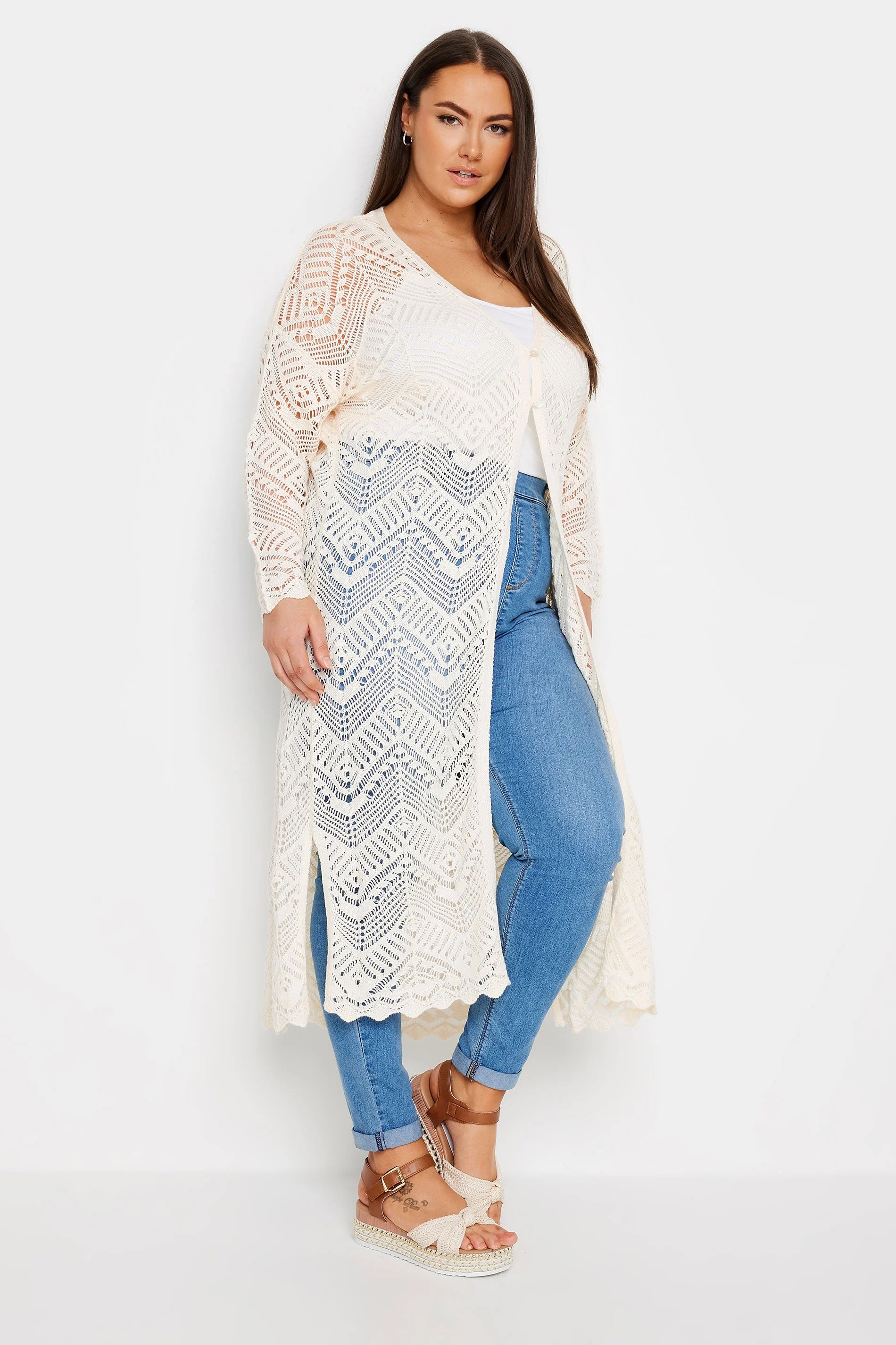 Womens Long Sleeve Maxi Crochet Cardigan