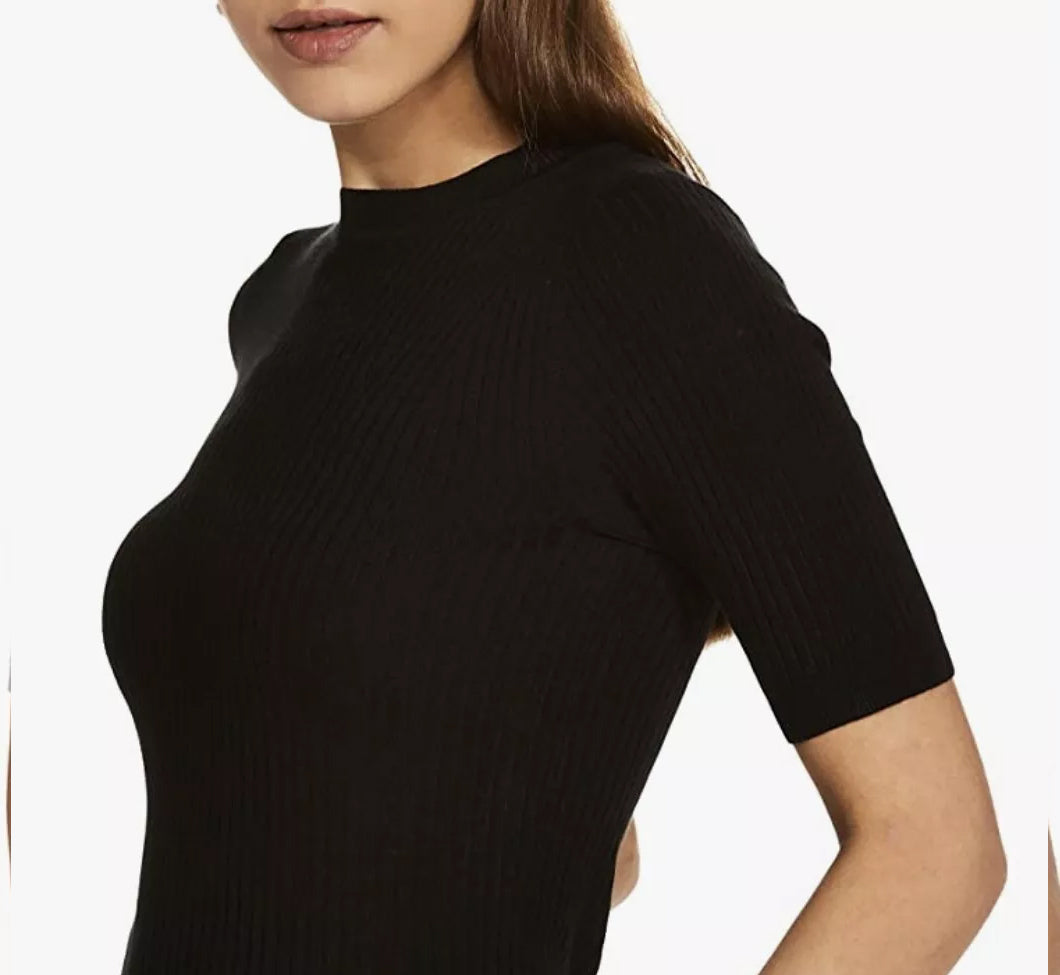 Ladies Short Sleeve Ribbed Crew Neck Knitted Sweater