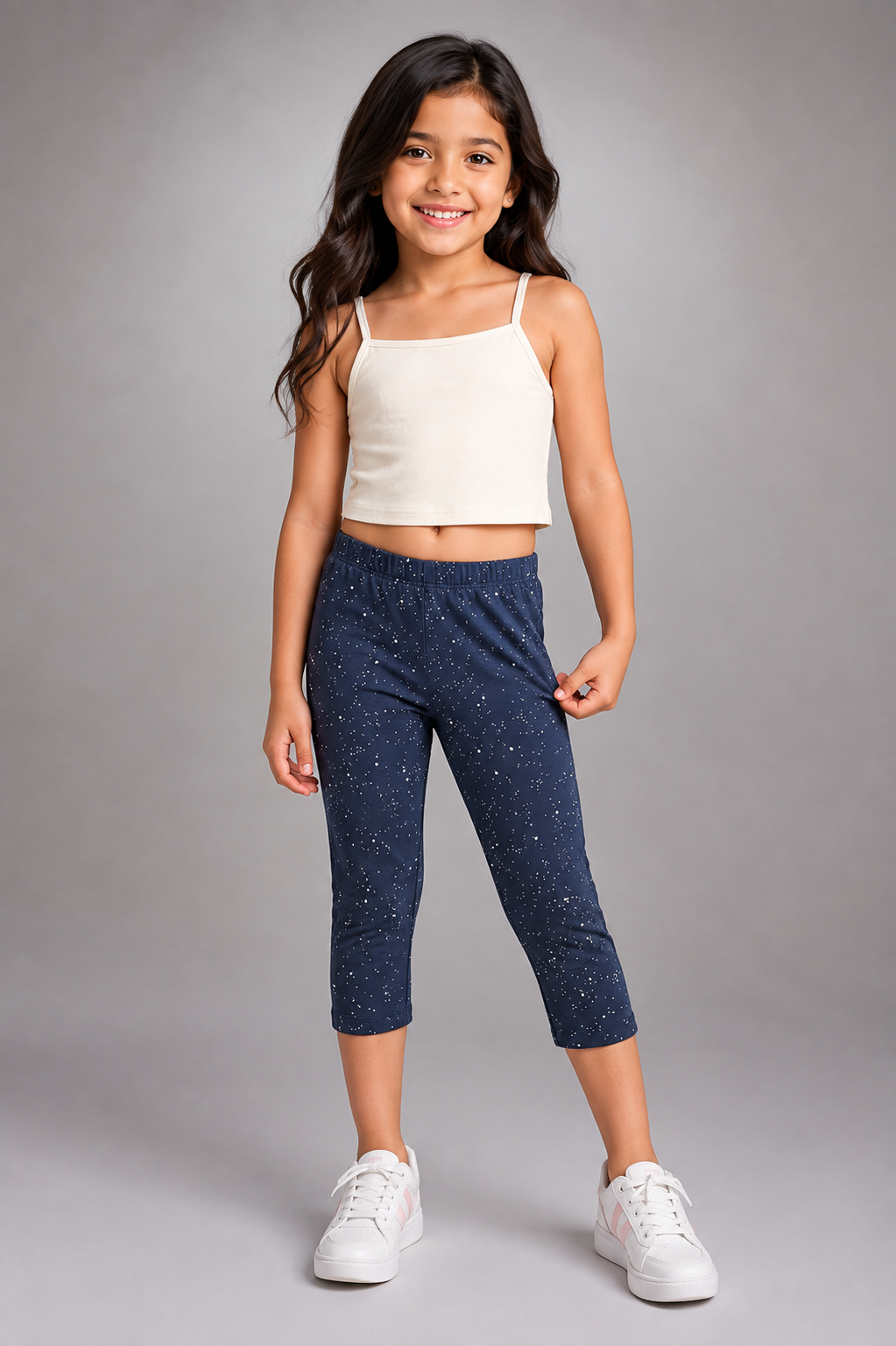 Girls Silver Glitter Spray Printed Cotton Capri Leggings