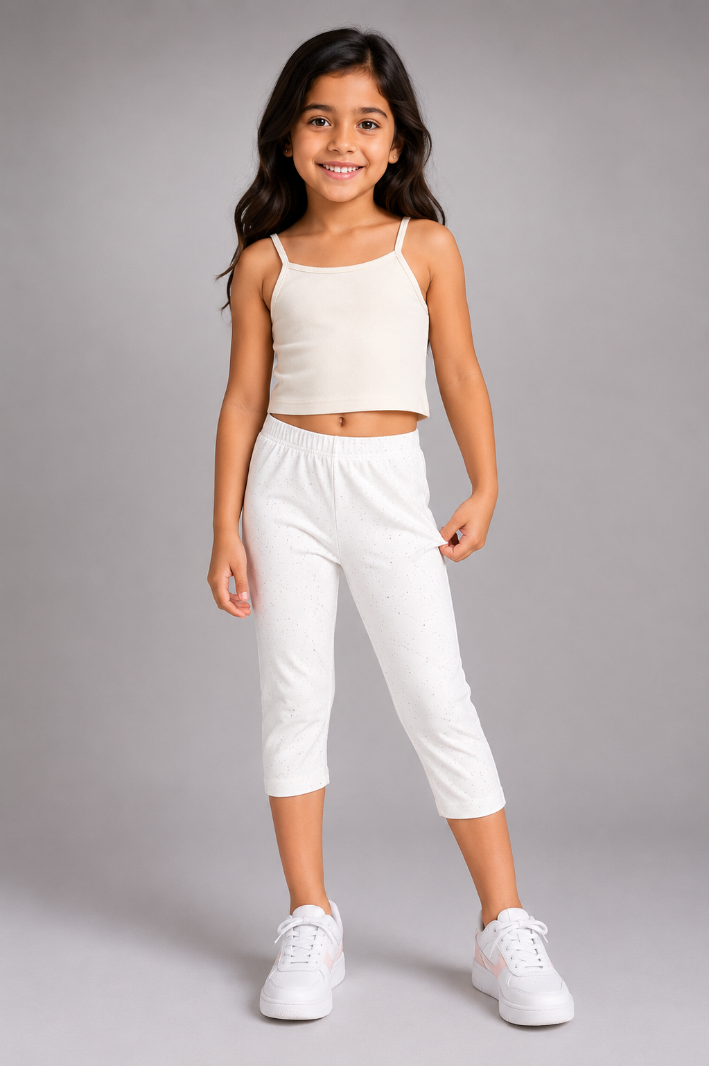 Girls Silver Glitter Spray Printed Cotton Capri Leggings