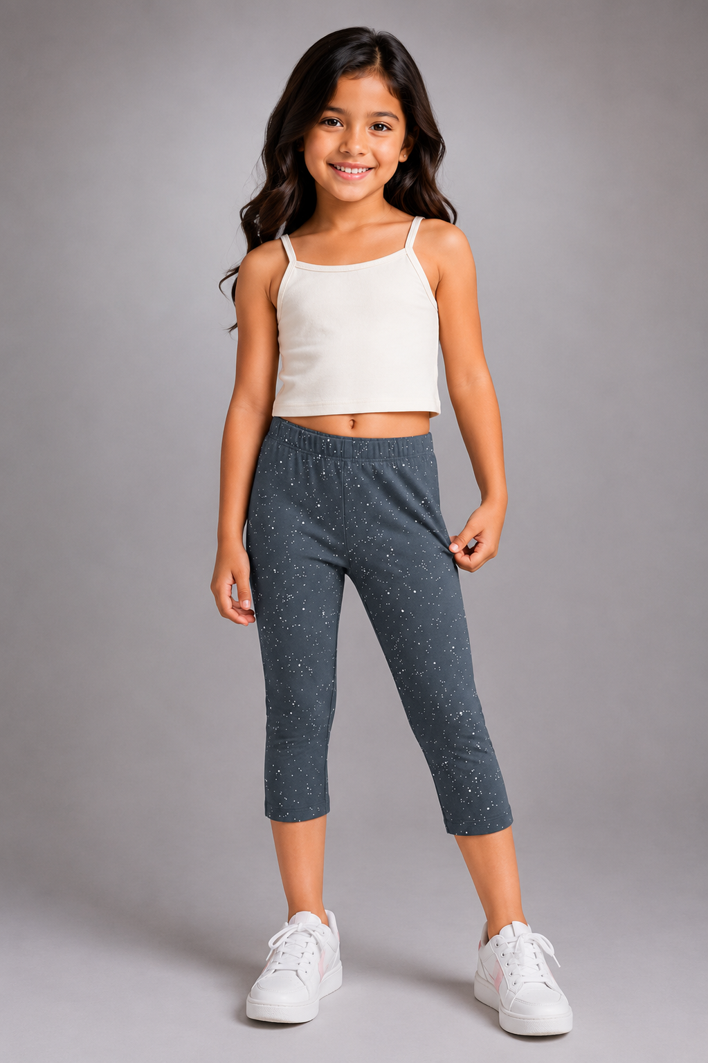 Girls Silver Glitter Spray Printed Cotton Capri Leggings
