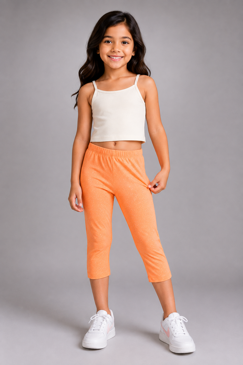 Girls Silver Glitter Spray Printed Cotton Capri Leggings