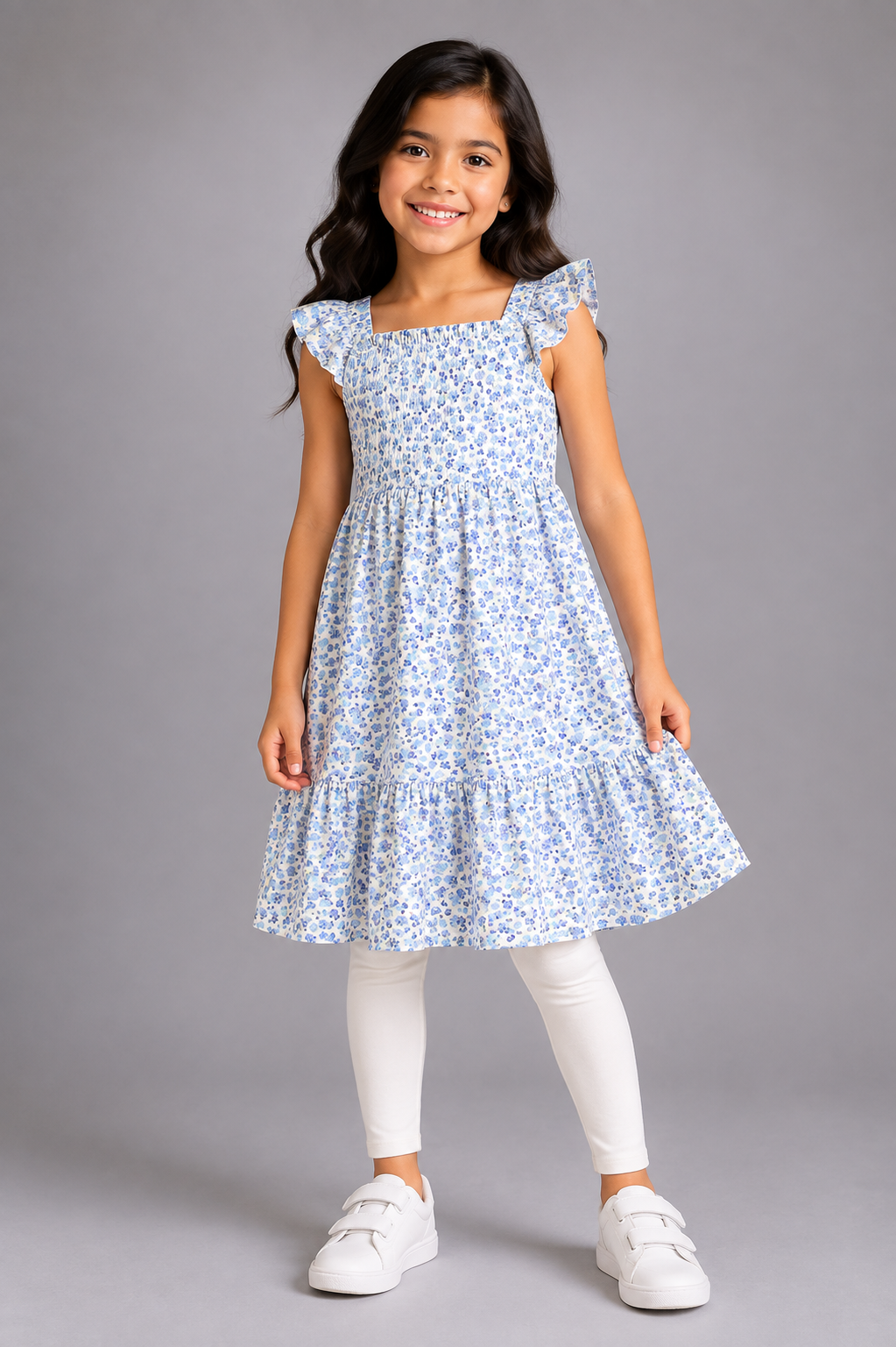 Girls Cotton Floral Print Ruffle Sleeve Tiered Summer Dress