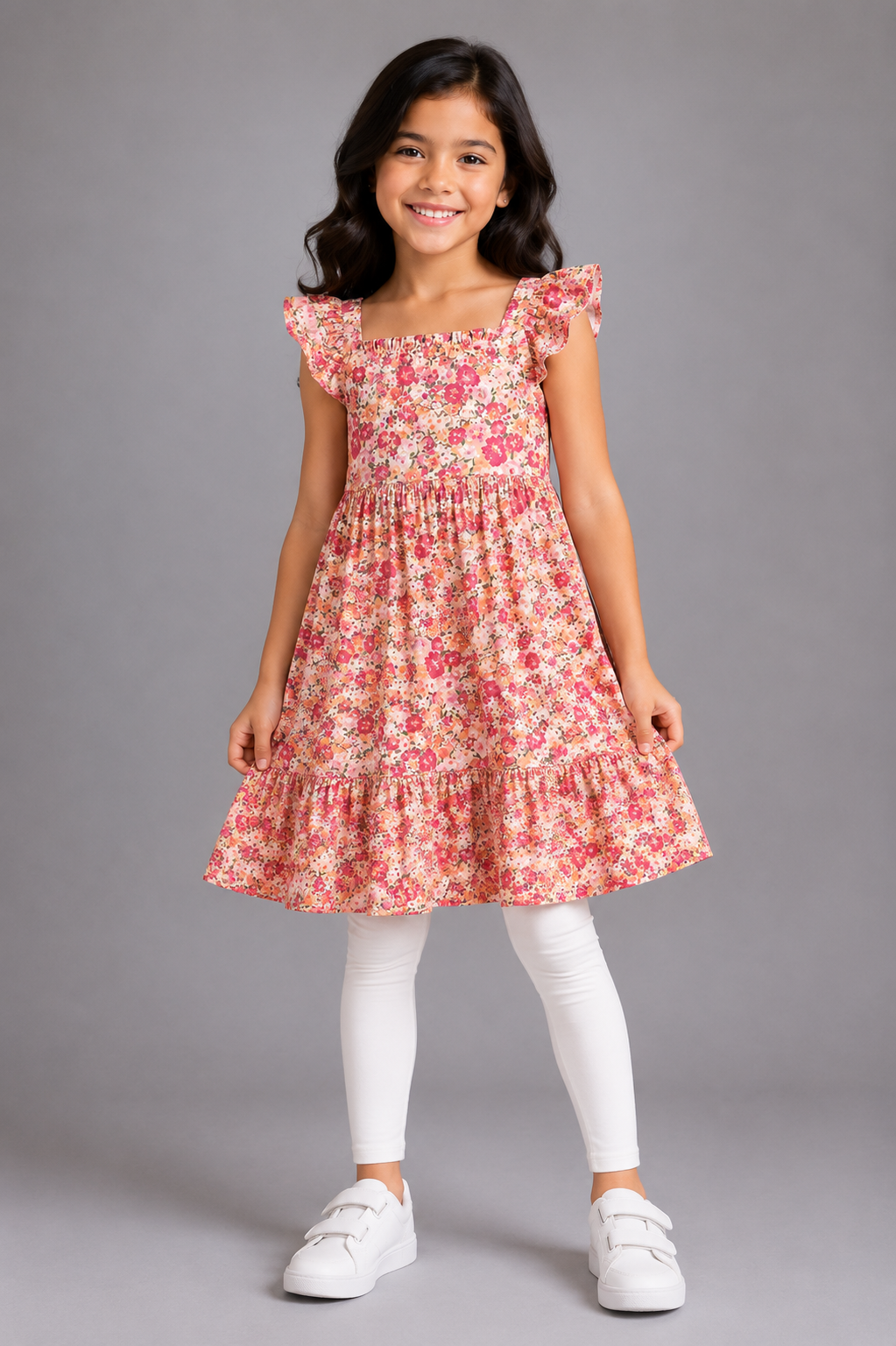 Girls Cotton Floral Print Ruffle Sleeve Tiered Summer Dress