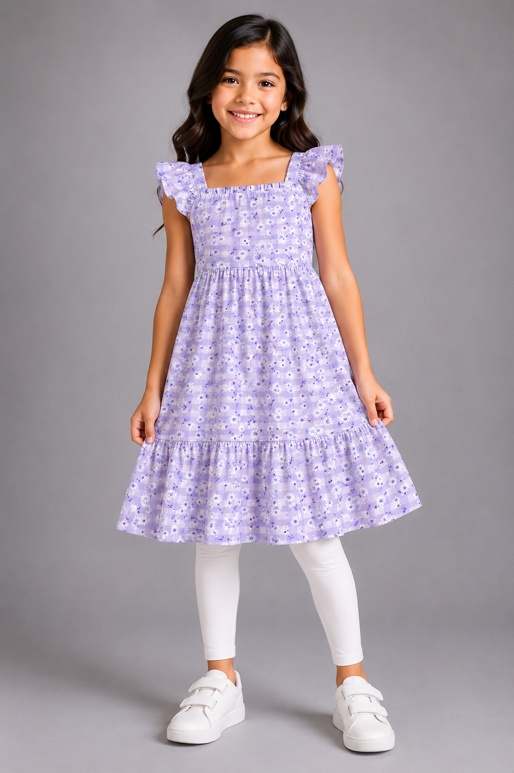 Girls Cotton Floral Print Ruffle Sleeve Tiered Summer Dress