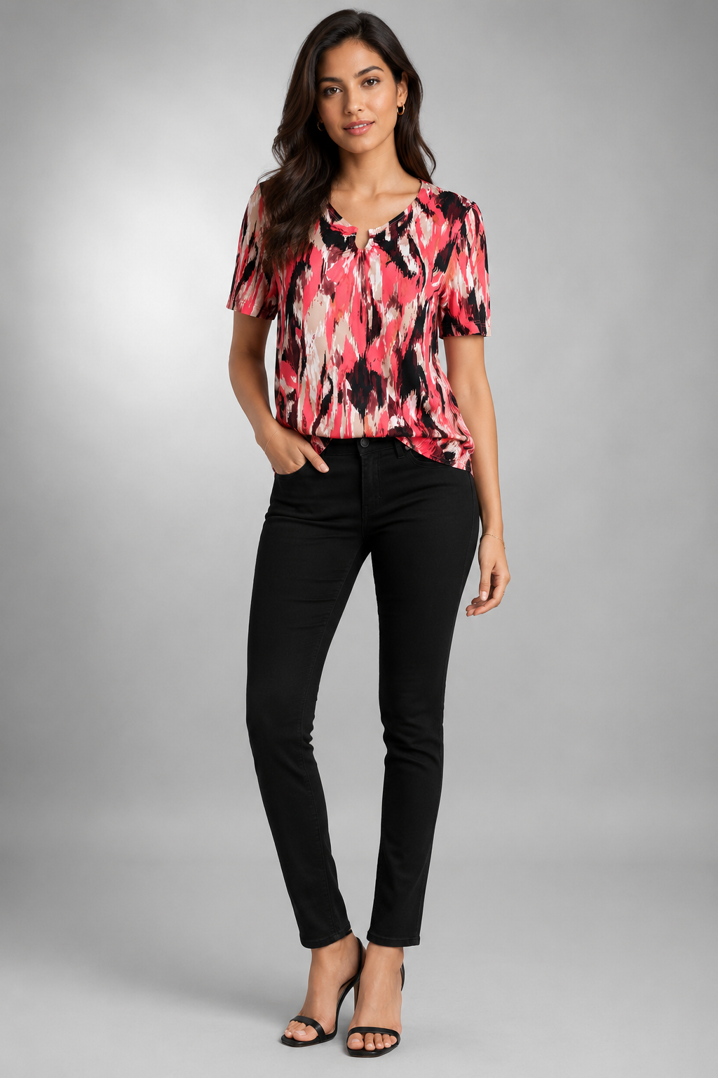 Womens Printed V-Neck Soft Stretch Casual Short Sleeve T-Shirt
