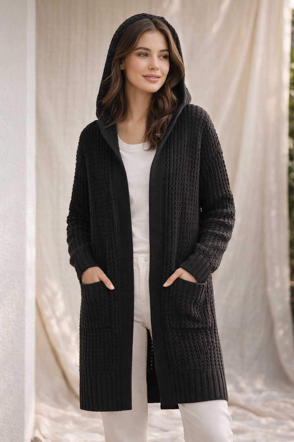 Womens Waffle Knitted Hooded Open-Front Cardigan with Pockets