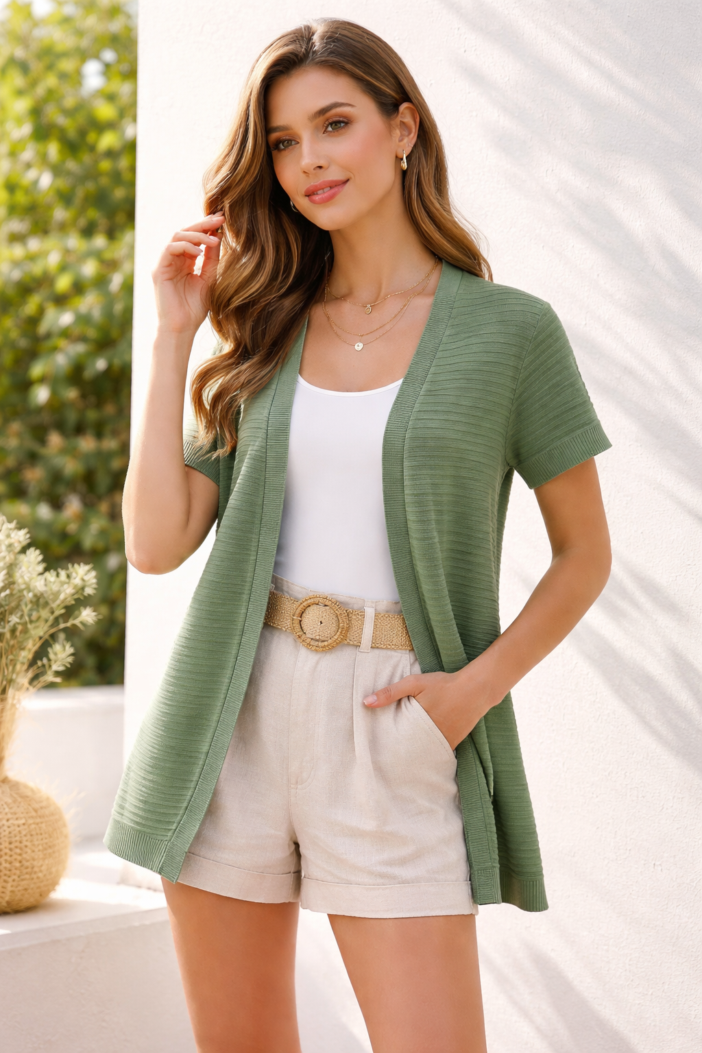 Womens Lightweight Open Front Short Sleeve Knitted Cardigan