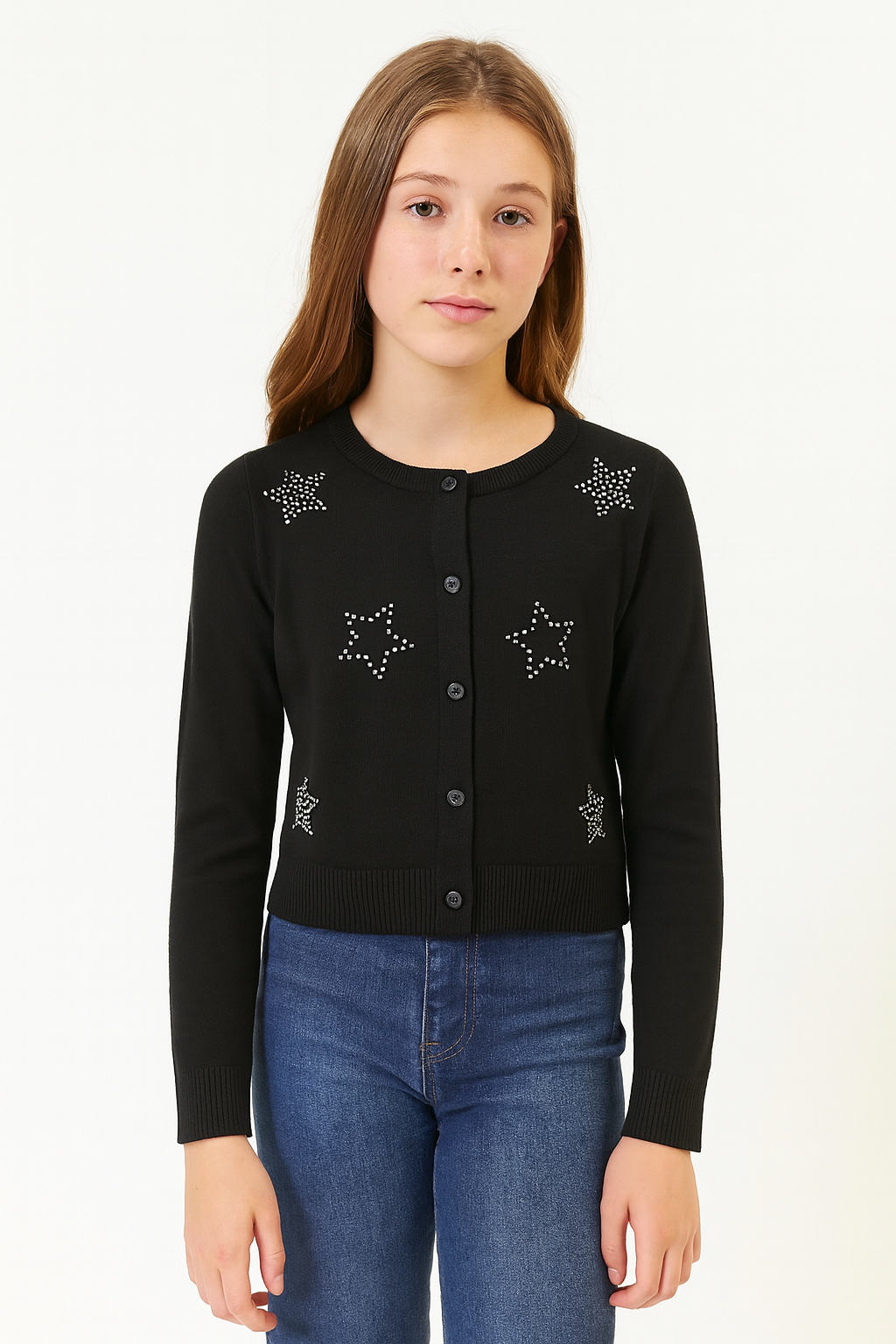 Girls Premium Rhinestone Knit Button Cardigan