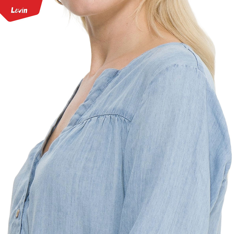 Women's V-Neck Denim Blouse Shirt Tunic