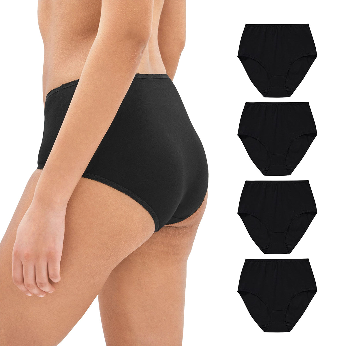 Pack of 4 Womens High Waisted Full Back Cover Black Cotton Panties