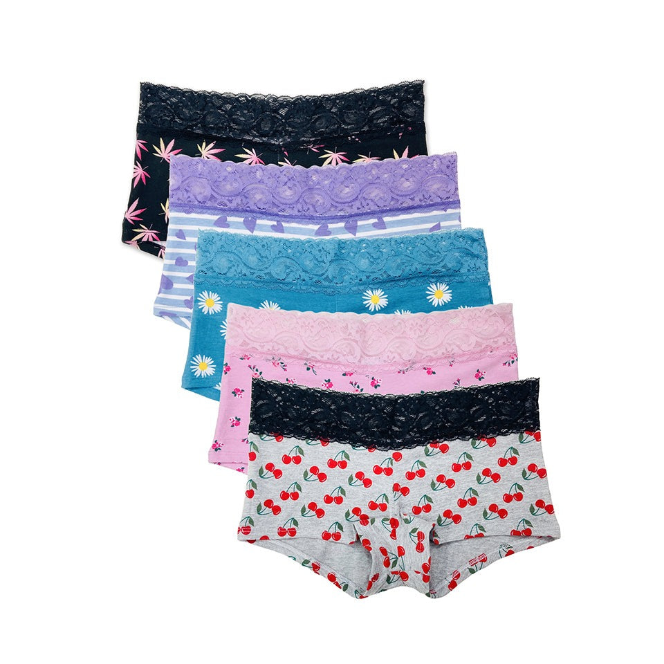 Womens Lace Cotton Boyshort Coverage Panty