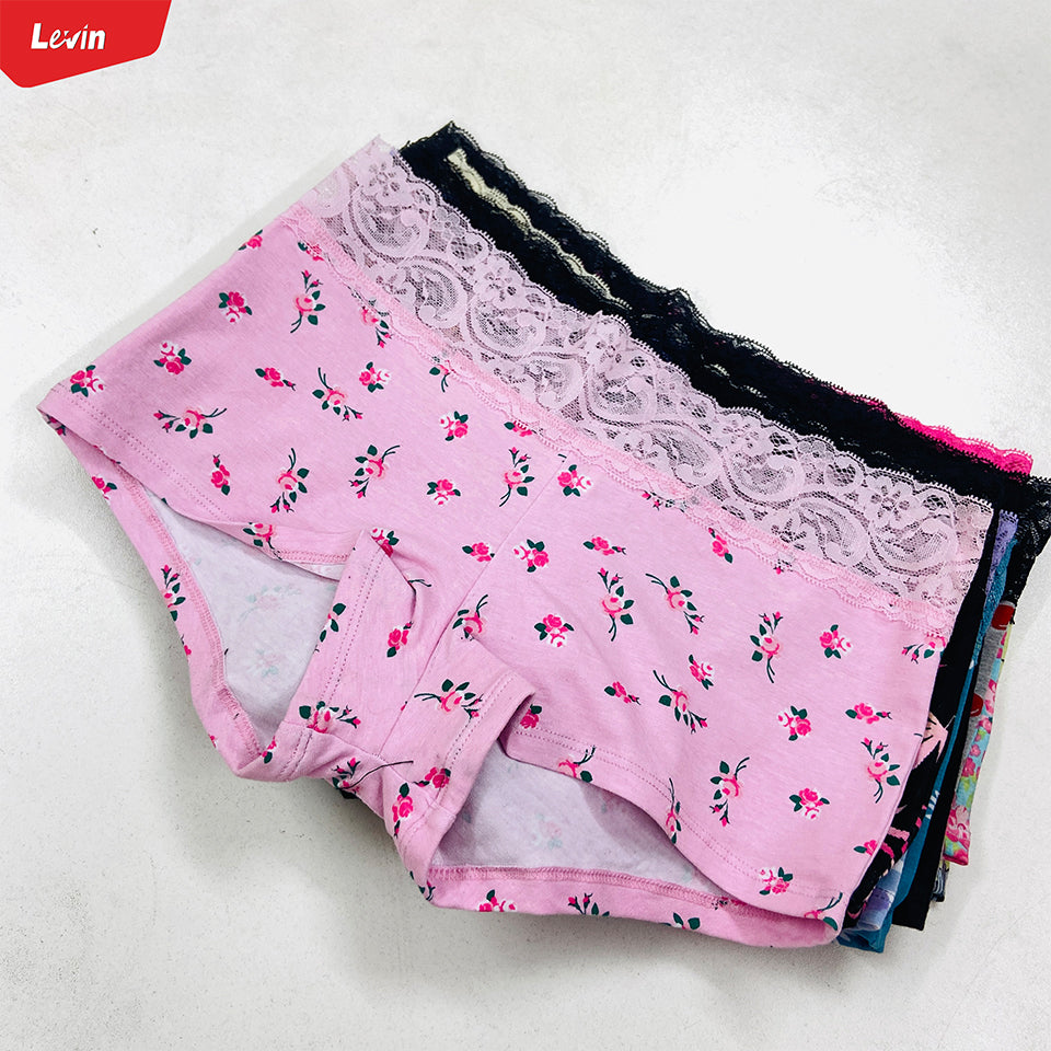 Womens Lace Cotton Boyshort Coverage Panty