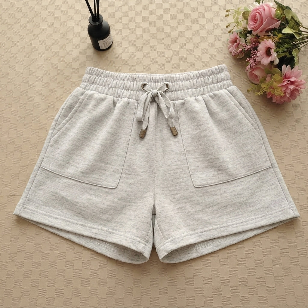 Women's Light Grey Drawstring Lounge Shorts with Pockets