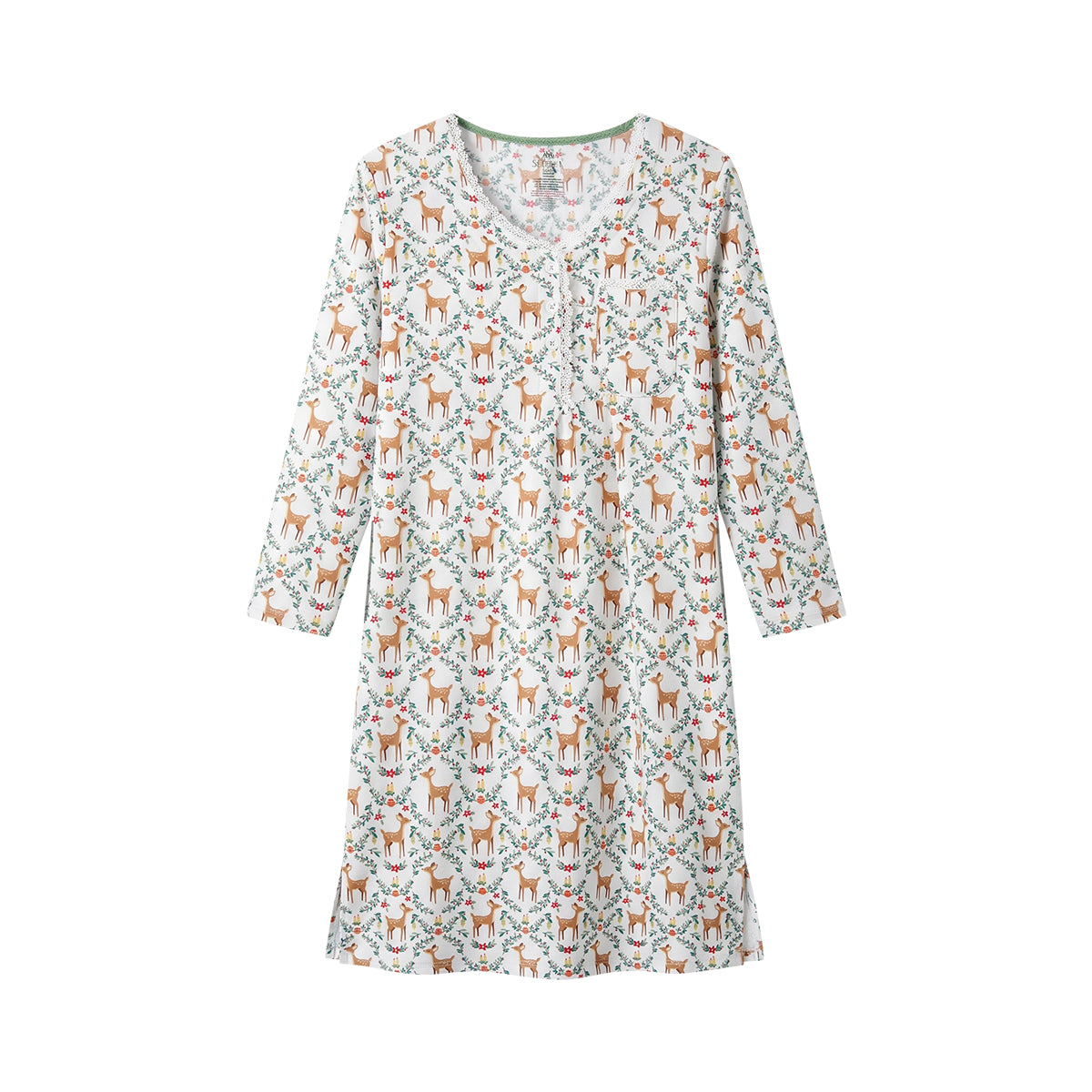 Women's Printed Long-Sleeve Lace-Trim Henley Nightgown Dress