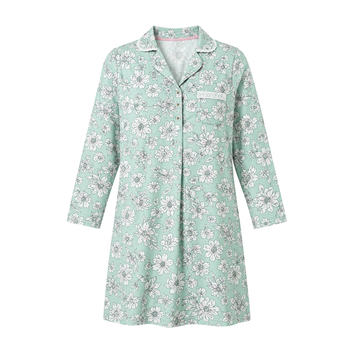 Women's Printed Long-Sleeve Lace-Trim Collared Nightgown Dress