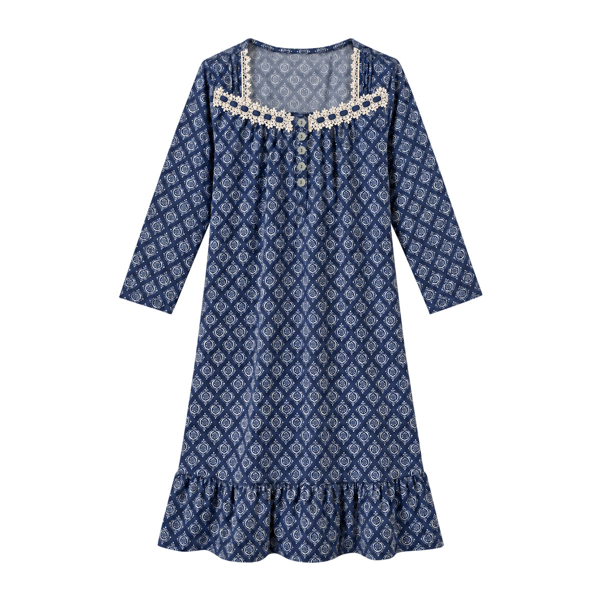 Women's Printed Lace-Neck Long-Sleeve Nightgown Dress with Ruffle Hem