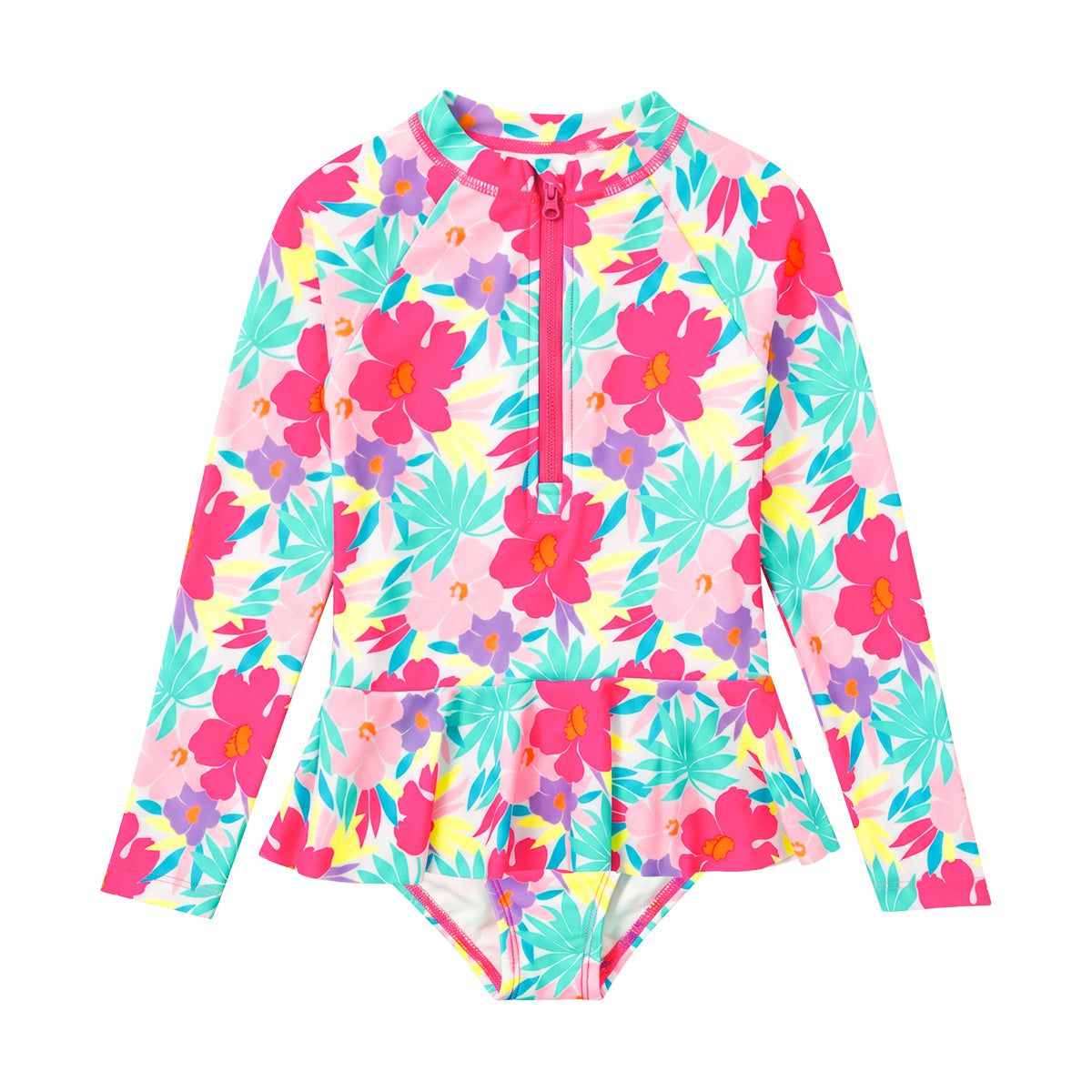 Girls Floral Print Long Sleeve Swim Onesie Bodysuit